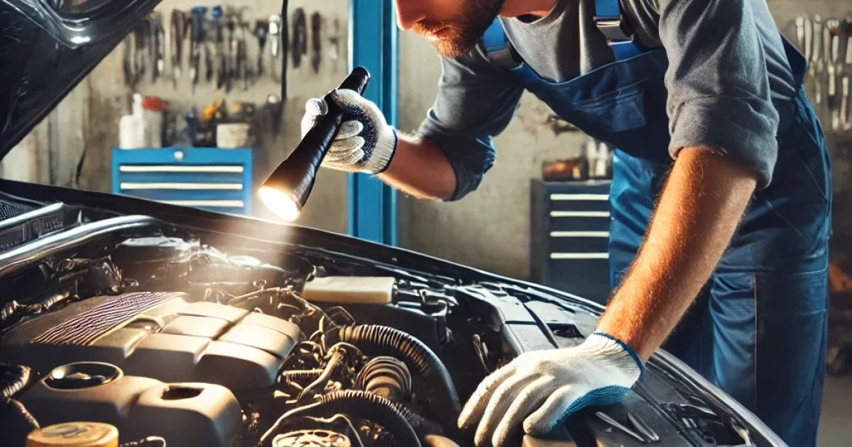 DALL·E 2025-02-01 20.48.09 – A mechanic inspecting a used car in a garage. The mechanic, wearing a blue uniform and gloves, is using a flashlight to check the engine. The car’s ho DALL·E 2025-02-01 20.48.09 - A mechanic inspecting a used car in a garage. The mechanic, wearing a blue uniform and gloves, is using a flashlight to check the engine. The car's ho
